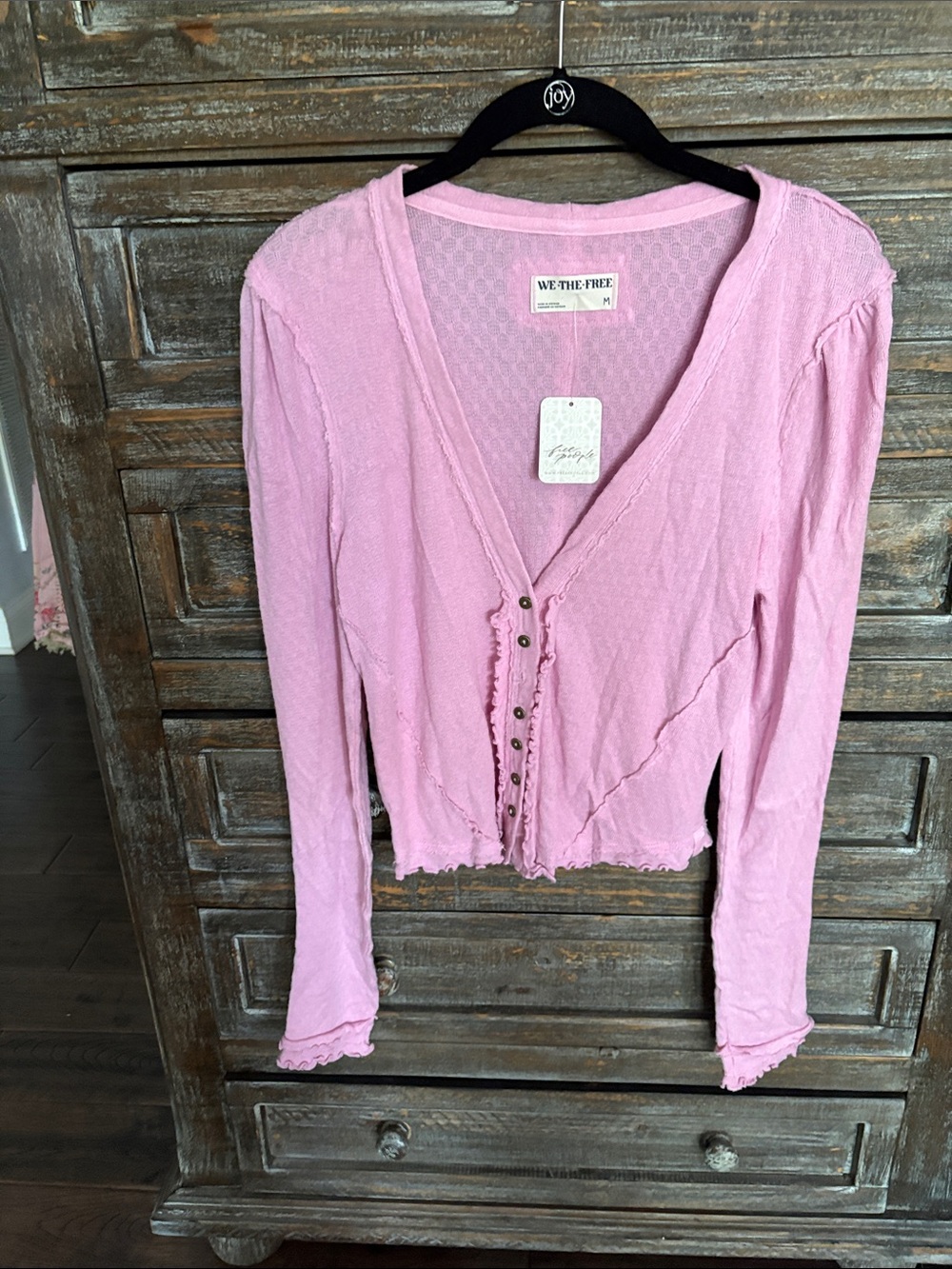 We The Free Blush Pink Button-Front V-Neck Long Sleeve Top